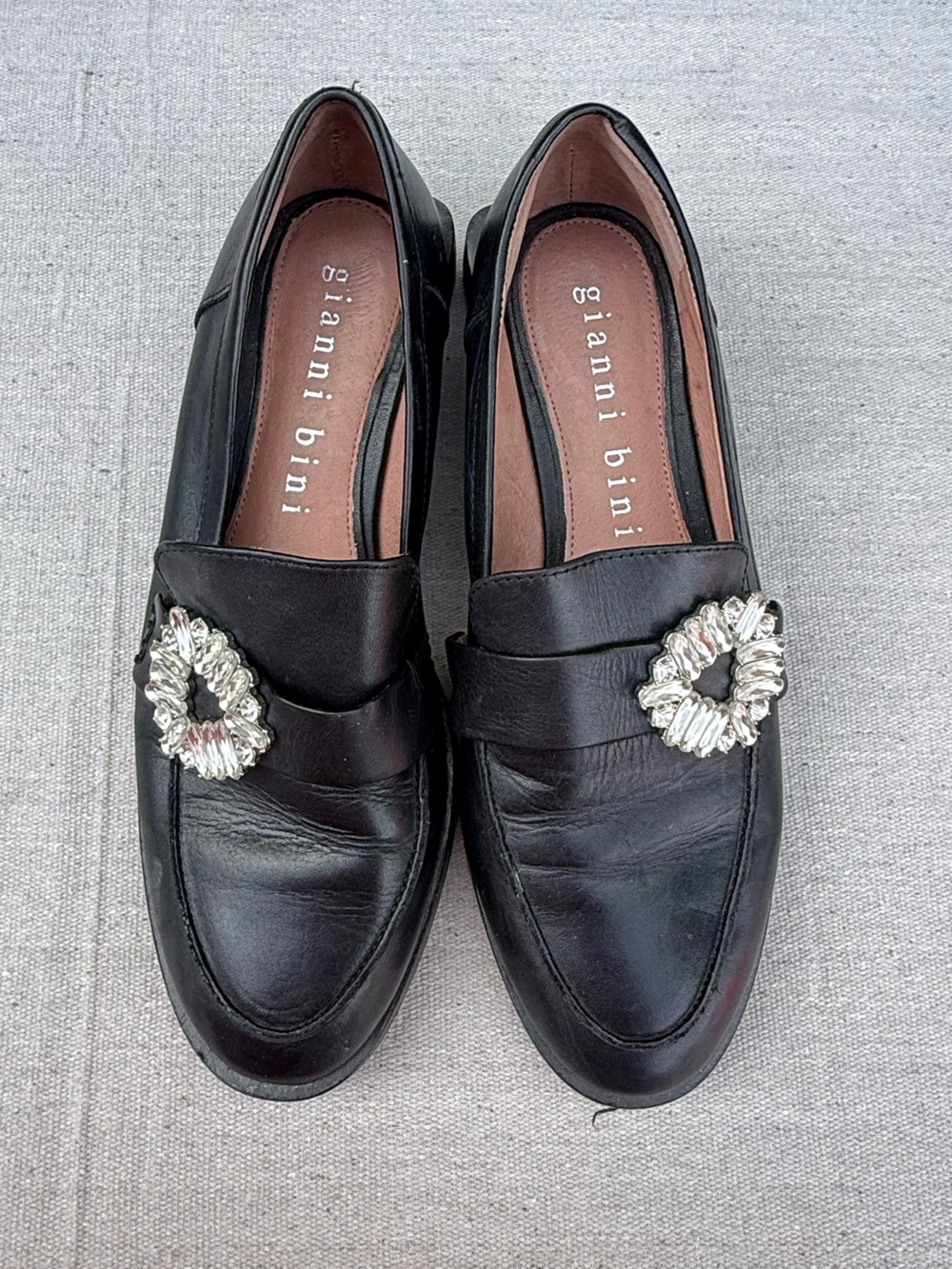 Gianni Bini Black Leather Loafers with Silver Crystal Buckles